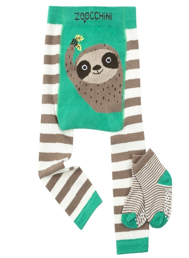ZOOCCHINI Baby/Toddler Crawling Pants with Non-Slip Silicone Knee Grippers and Matching Anti-Skid Socks, 6-12 Months, Silas The Sloth - Image 1